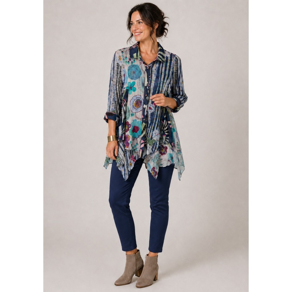 Vintage 80s Funsport Artsy Button Front Tunic Top Womens M Blue Whimsical Floral